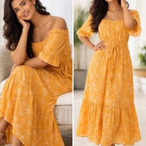 Women Cotton Casual Dress – Floral – Orange Colour