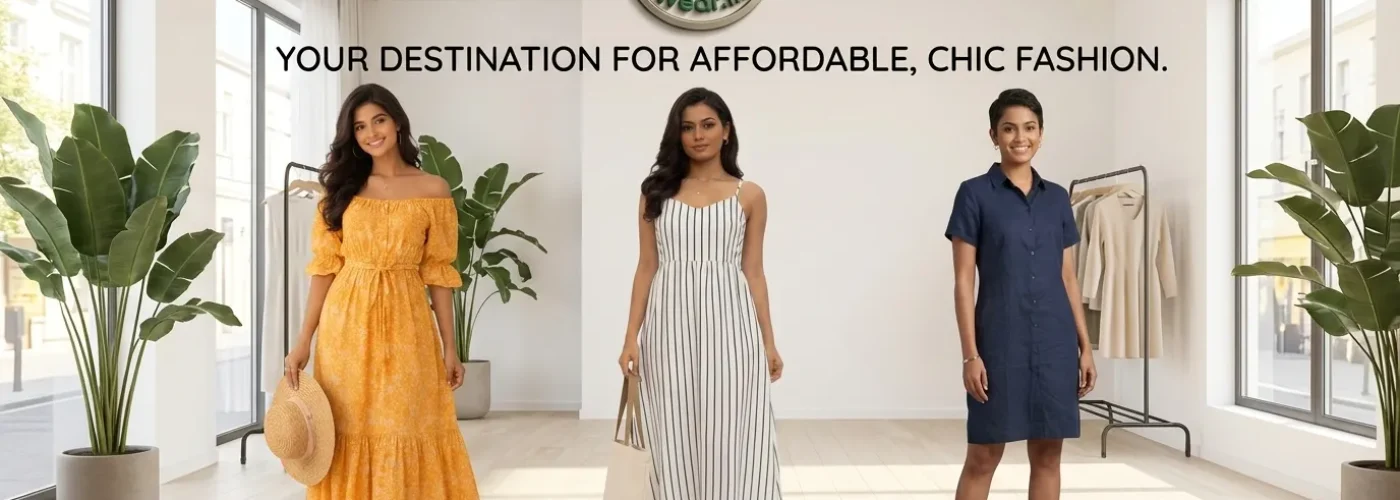 Three women in fashionable dresses stand in a bright room with large windows and plants.